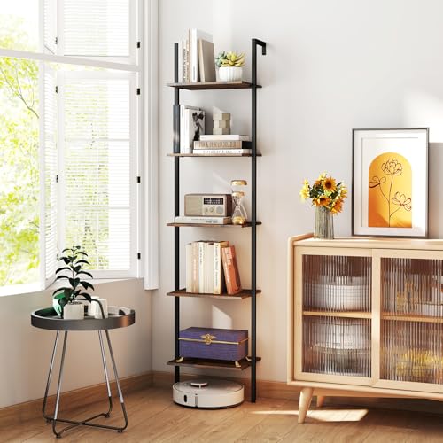 GIANTEX 5 Tier Ladder Shelf, Wall Mount Bookshelf with Anti-Tipping Kits & Metal Frame, Industrial Decorative Bookcase, Vertical Open Storage Display Shelf for Living Room Bedroom Home Office (1)