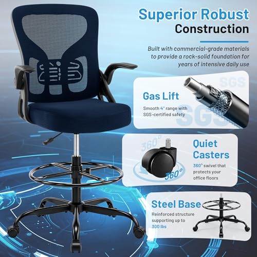 Drafting Chair for Standing Desk, Tall Office Chair with 22"-30" Seat Height &7" Lift Footrest Ring, Ergonomic Executive Mesh Computer Counter Stool with Lumbar Support &Flip-up Arms for Artist - color: Navy