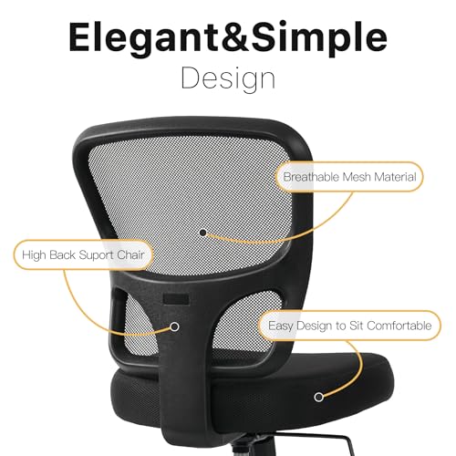 Armless Office Desk Chair Height Adjustable, Ergonomic High Back Mesh Task Chair, Rolling Office Stool for Small Spaces, Computer, Study,Sewing & Drafting - Black