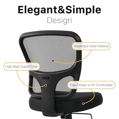 Armless Office Desk Chair Height Adjustable, Ergonomic High Back Mesh Task Chair, Rolling Office Stool for Small Spaces, Computer, Study,Sewing & Drafting - Black