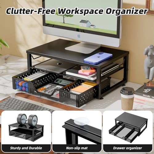 Simple Trending 2-Tier Monitor Stand Riser, Laptop & Printer Stand, Black | Metal Desk Organizer with Drawer, Desktop Organizer, Sturdy Material, for Home Office, 16.34"W x 10.35"D x 3.5"H - size: 16.34"W x 10.35"D x 3.5"H