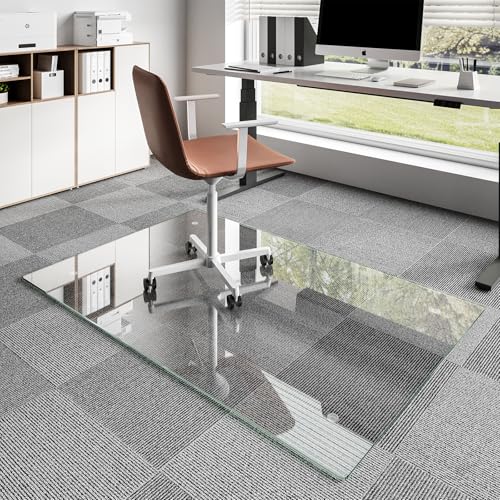 Koonmi Glass Chair Mat for Carpet, 36"x55" Thick Office Chair Mat | Tempered Glass Chair Mats with Round and Polished Edges, Smooth Rolling for Carpet Floor Protection, Scratch-Resistant - color: Transparent, size: 36"x55"