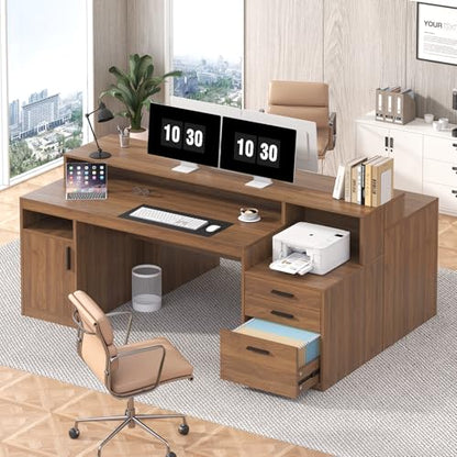 65" Computer Desk with 3 Drawers & Printer Shelf for Home Office | Office Desk with Printer Shelf & File Drawer, Executive Desk Writing Study Table with Monitor Stand, Brown - color: Brown