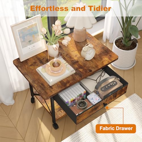 EasyCom Large Printer Stand with Fabric Storage Drawer and Locking Wheels - color: Rustic Brown, size: Large