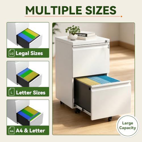 SAWJEC 2 Drawer Rolling File Cabinet Fully Assembled, White | Fully Assembled, Metal Under Desk Filing Cabinet with Lock & Wheels, 17"D x 15"W x 26"H, Letter/Legal/A4, for Home Office - color: White, size: 26"H x 15"W x 17"D