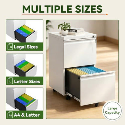 SAWJEC 2 Drawer Rolling File Cabinet Fully Assembled, White | Fully Assembled, Metal Under Desk Filing Cabinet with Lock & Wheels, 17"D x 15"W x 26"H, Letter/Legal/A4, for Home Office - color: White, size: 26"H x 15"W x 17"D