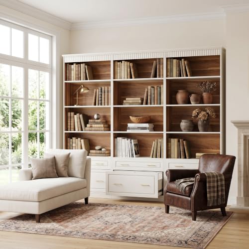 LITTLE TREE 72" Tall White Bookcase, 5-Tier Office Bookself with File Cabinet Drawers,Modern Floor Standing Storage Filing Cabinet Book Shelf for Living Room,Bedroom(2 Piece,White) - color: White