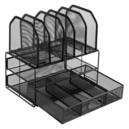 Amazon Basics Mesh Desk Organizer with Sliding Drawer, Double Tray and 5 Upright Sections, File Holder for Office Supplies, Paper Letter Tray, Black