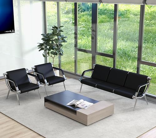 Kinsuite 5-seat Waiting Room Chairs - 3pcs Office Reception Chairs for Salon Barber Bench Airport Bank Hall PU Leather, Black - size: 1-seat*2+3-seat