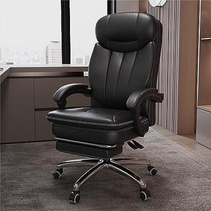 Ergonomic Office Chair - Adjustable Height Desk Chair with Lumbar Support and Retractable Footrest - High Back Chairs PU Leather Thick Seat Cushion, Head, and Arm Rests - Reclines - color: Black