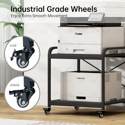 Fannova 2 Tier Under Desk Printer Stand with Storage, 20 Inches Deep Large Printer Table with Height Adjustable Shelf, Rolling Printer Cart with Wheels for Home Office - Black | Large Table Top 20"x20" for 3D/Laser Printer, Heavy Duty Industrial Wheels, R