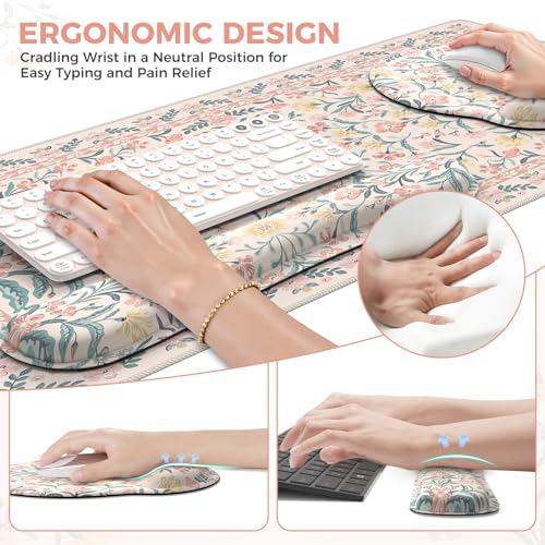 iCasso Desk Pad Mat, Large Mouse Pad and Keyboard Wrist Rest Set, Desk Protector Mat,4in1 Ergonomic Carpal Tunnel Keyboard Pad with Wrist Support for Desktop Cover Home Office Computer(Pink Flowers) - color: Pink Vine Flowers