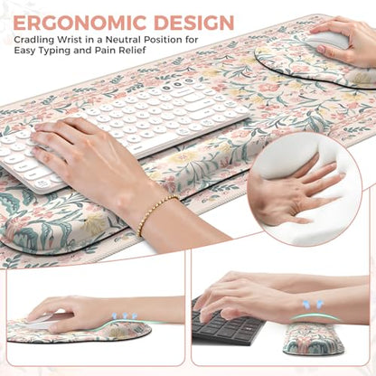 iCasso Desk Pad Mat, Large Mouse Pad and Keyboard Wrist Rest Set, Desk Protector Mat,4in1 Ergonomic Carpal Tunnel Keyboard Pad with Wrist Support for Desktop Cover Home Office Computer(Pink Flowers) - color: Pink Vine Flowers