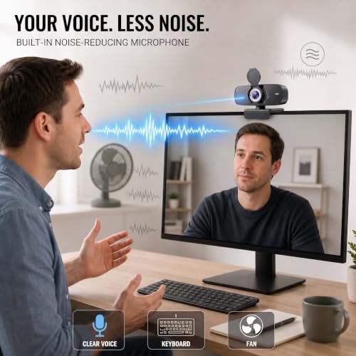 1080P Webcam with Microphone, Privacy Cover & USB-C Adapter