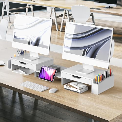 Simple Houseware Desk Dual Monitor Stand Riser with 2 Drawers, White - color: White