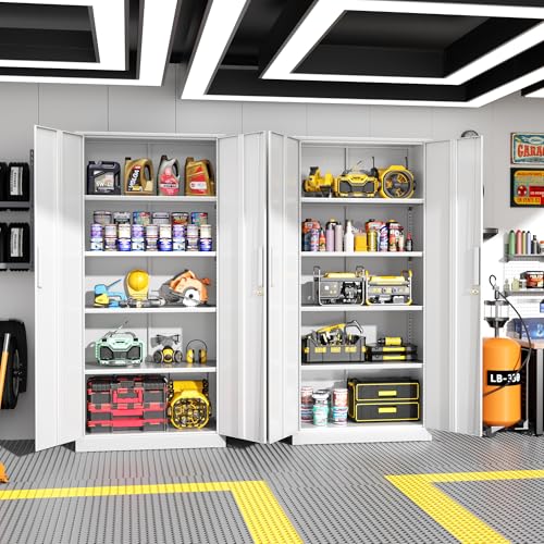 Greenvelly Metal Garage Storage Cabinet,Steel Lockable Storage Cabinet with 2 Doors and 4 Adjustable Shelves,Tall Metal Cabinet Locking File Cabinet for Office,Home, Garage, Gym, School - color: White, size: 71" Storage Cabinet