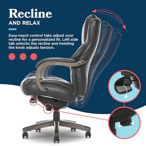La-Z-Boy Delano Big and Tall Executive Office Chair - Ergonomic Lumbar Support Memory Foam - Bonded Leather Desk Chair for Home Office - Weathered Grey Wood Arms - Black - color: Black With Weathered Gray Wood
