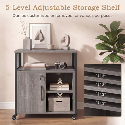 Rolling File Cabinet, Printer Stand with Charging Station (Grey) | Mobile Lateral Filing Cabinet | Adjustable Shelf & Metal Frame | Lockable Wheels | For Home Office & Small Space - color: Grey