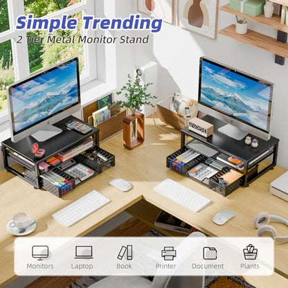 Simple Trending 2-Tier Monitor Stand Riser, Laptop & Printer Stand, Black | Metal Desk Organizer with Drawer, Desktop Organizer, Sturdy Material, for Home Office, 16.34"W x 10.35"D x 3.5"H - size: 16.34"W x 10.35"D x 3.5"H