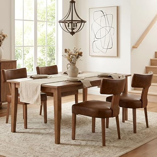 HNY Mid Century Modern Dining Chairs Set of 2, Farmhouse PU Leather Upholstered Accent Chair Curved Backrest Kitchen Chairs, with Hardwood Frame, Brown - color: Brown Curved