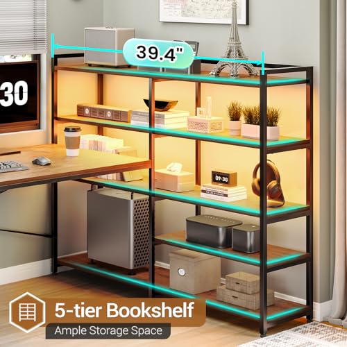 SEDETA L Shaped Desk with Storage Shelves, 64.5" Reversible U Shaped Office Desk with 3 Fabric Drawers, Gaming Desk with Power Outlet & LED Strip for Home Office, Rustic Brown - color: Rustic Brown