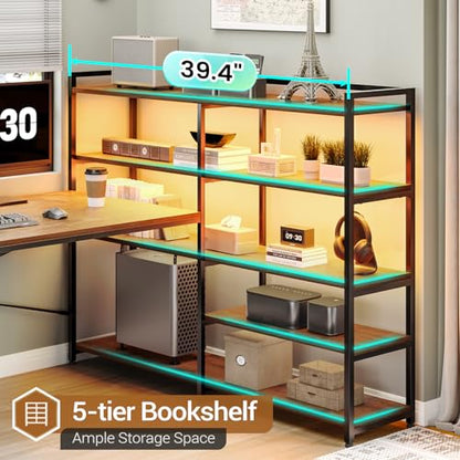 SEDETA L Shaped Desk with Storage Shelves, 64.5" Reversible U Shaped Office Desk with 3 Fabric Drawers, Gaming Desk with Power Outlet & LED Strip for Home Office, Rustic Brown - color: Rustic Brown