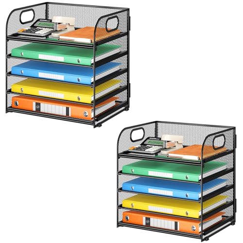 2 Pack 5-Tier Paper Organizer Letter Tray with Handle - Black Mesh Desk Paper Sorter File Organizer for Office, Home or School File Folder Holder - color: 5 Tier 2p-black, size: 12.6" x 9.1" x 11.5"