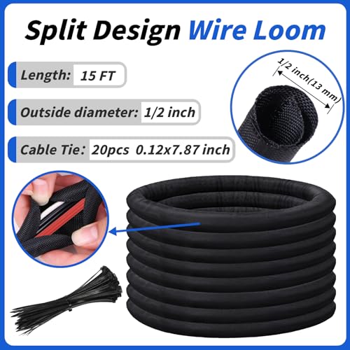 15ft - 1/2in Split Braided Sleeve Cable Management, Self-Wrapping | Flexible loom tubing protects wires from abrasion and heat. Great for automotive, TV, computer, and home electrical use. - size: 1/2inx15ft