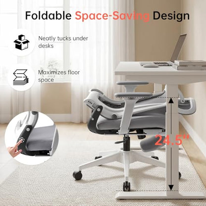 Ergonomic Foldable Office Chair with Footrest and Lumbar Support, Grey | Compact desk chair with space-saving folding design, 2D headrest, 2D armrests, computer cahirs for home office - color: Grey