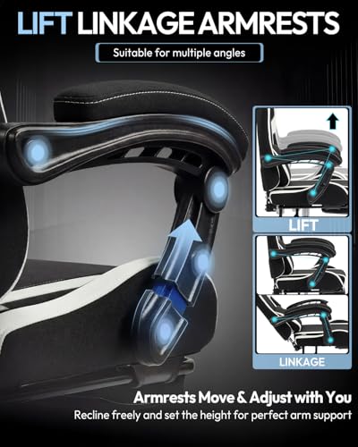 Dowinx Ergonomic Gaming Chair with Footrest & Massage Lumbar, 2D-Linkage Armrests for Computer Chair 330lbs with Headrest Pillow for Office, Home, Streaming and Long Gaming Sessions, Fabric White - color: Black White