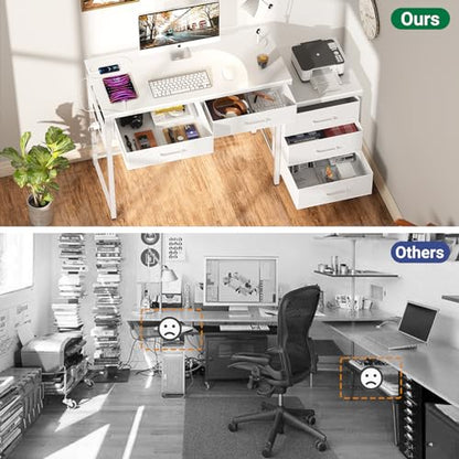 Unikito Reversible Computer Desk with 5 Drawers, Sturdy Office Desk with Power Outlets and USB Ports, Study Writing Table with File Cabinet & Printer Stand, Vanity Desk with Storage, White - color: White