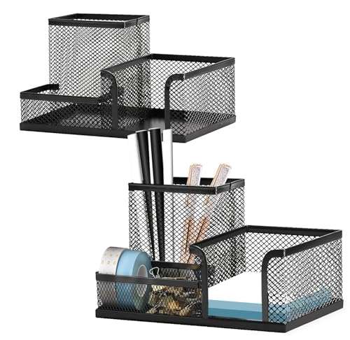 Moonlik Mesh Pen Holder Desk Organizer Set, Pencil Storage Holder with 3 Compartments, Office School Home Desktop Supplies, Desk Accessories for Paper Clip, Sticky Notes(2pack, Black) - style: 2pcs desk organizers