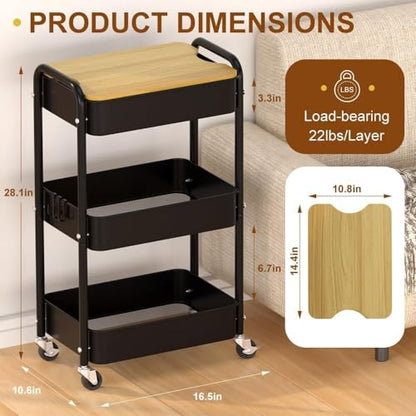 3 Tier Metal Utility Cart, Rolling Storage Cart with Wooden Tabletop, Metal Organizer Cart with Lockable Wheels for Office, Bedroom, Kitchen and Living Room (Black) - color: Black