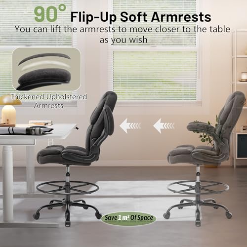 500LBS Drafting Chair, High Back Safer Standing Desk Chair, Executive Tall Office Chair with Flip-up Armrests, Upholstered Fabric Task Chair, Ergonomic Seat with Adjustable Height&Foot Ring, Dark Gray - color: Dark Gray