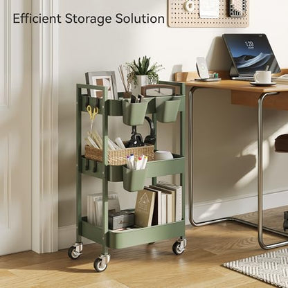 Nunsino 3 Tier Rolling Cart,Utility Cart with Locking Wheels, Hanging Cups,&Hooks, Heavy Duty Metal Storage Organizer Cart for Kitchen,Office, Bathroom,Craft Room,Green - color: Green