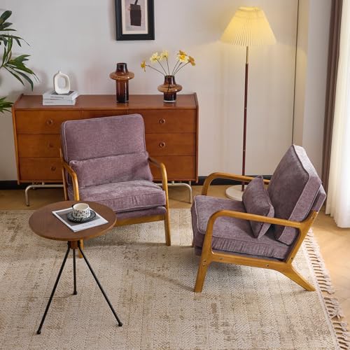 VINGLI Chenille Mid-Century Modern Accent Chair Set of 2, Cute Reading Arm Chair with Cushion & Lumbar Pillow & Solid Wood Frame for Lounge, Living Room, Reading Room, Bedroom, Light Purple - color: Light Purple