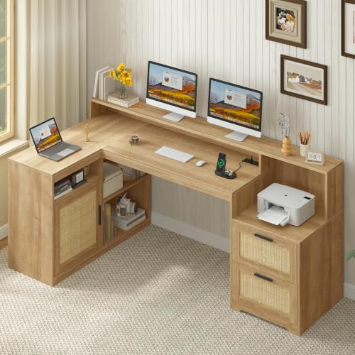 TVU Farmhouse L Shaped Desk with Drawers, 62.2" Home Office Desk with Storage Shelves and Power Outlet, L Shaped Computer Desk with Monitor Stand and Printer Shelf, Oak/Rattan - color: Oak/Rattan