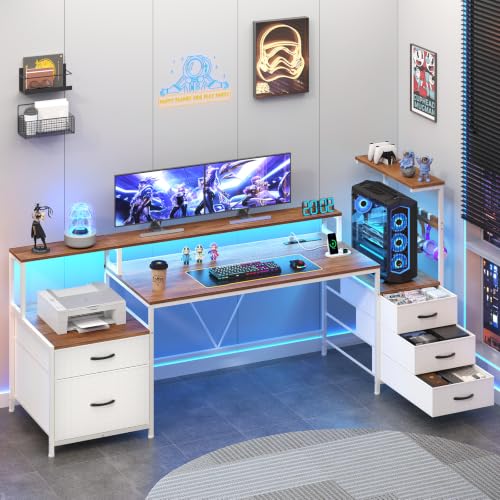 63" Computer Desk with Drawers, Storage Shelves and Printer Stand | Gaming Desk with Monitor Stand and LED Lights, Reversible Home Office Desk with Printer Shelf, Brown and White - color: Brown and White