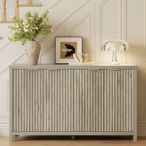 OAKHAM HOME Buffet Cabinet 56" Grey Ash Oak | Fluted Sideboard, Adjustable Shelves, 4 Doors, Modern Storage Credenza - color: Grey Ash Oak, size: 15.4"D x 55.5"W x 32.8"H