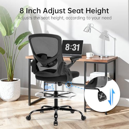Drafting Chair Ergonomic Comuputer Standing Desk Chair with Flip-Up Arms and Lumbar Support, Tall Office Chair with Adjustable Footrest, Stool Counter Height Office Chairs Black