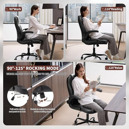 Leather Office Chair Swivel Lumbar Support for Short People Black - color: Black