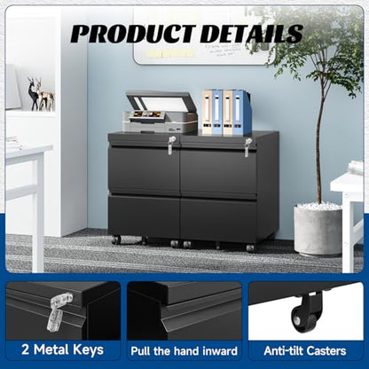Fesbos 2 Drawers Vertical File Cabinet - Fully Assembled Black Under Desk Mobile Filling Cabinet Small Lockable Home Office File Cabinets for A4/Letter/Legal Size - color: Black, size: 14.6"W-2 Drawers-Fully Assembled