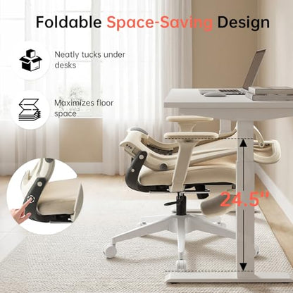 Ergonomic Foldable Office Chair with Footrest and Lumbar Support, Cream - color: Cream