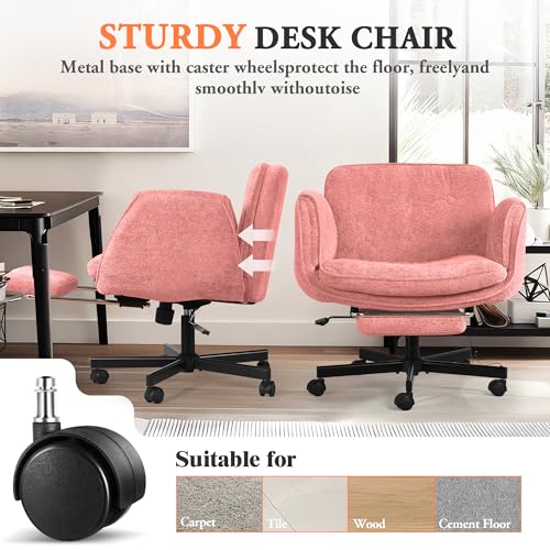 Criss Cross Chair with Footrest & 5 Level Folding Arms Full Relaxation, Wide Cross Legged Office Chair for Home Office, Comfy Swivel Desk Chair with Ottoman, Chenille Vanity Chair (Pink) - color: Pink, style: With Footrest