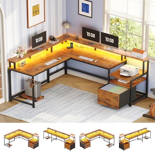 SEDETA 66" Reversible L Shaped Office Desk with Power Outlet, File Drawer | Home Office Computer Desk with Monitor Shelf, Storage Shelves, LED Lights, Rustic Brown for Corner Small Spaces - color: Rustic Brown