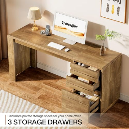 Tribesigns 55-Inch Computer Desk with 3 Drawers, Farmhouse Home Office Desk with Adjustable File Cabinet, Study Table Office Workstation, Walnut Brown