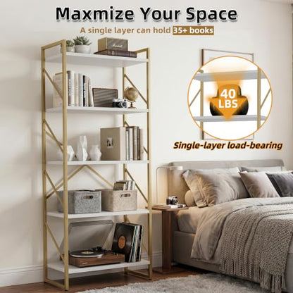 JAMFLY 5 Tiers Bookshelf, Classically Tall Bookcase Shelf,Industrial Book Rack,Modern Book Holder in Bedroom/Living Room/Home/Office, Gold - color: Gold-framed Whitewood