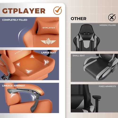 GTPLAYER Big and Tall Gaming Chair 400lbs Heavy Duty Office Chair with Footrest, High Back Pocket Spring Ergonomic Computer Chair for Adults, Wide Seated Cushion with Linkage Armrests,Leather Orange - color: Dark Orange