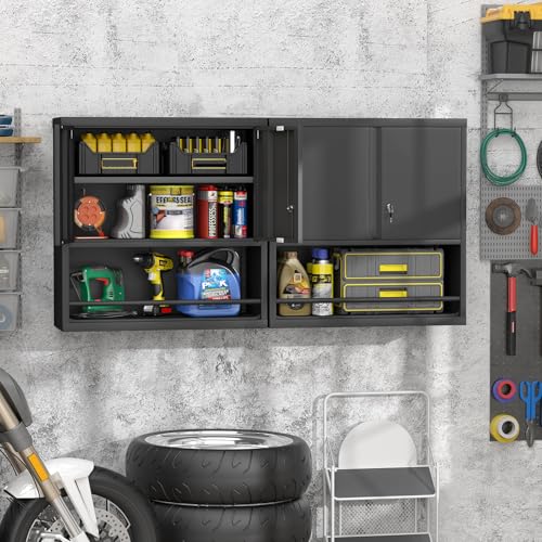 Locking Metal Wall Mounted Garage Storage Cabinet with Doors and Shelves - color: Black, size: 31"H