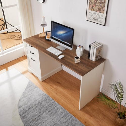 60" Farmhouse Executive Desk with Charging Station,Home Office Desk with 2 Drawers &1 File Cabinet,Wood Work Desk for Office and Home - color: White